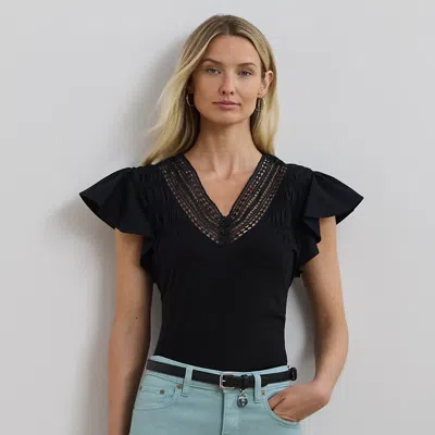 Ralph Lauren Lace-trim Jersey Flutter-sleeve Tee In Black