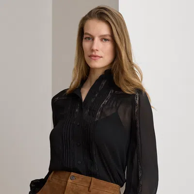Ralph Lauren Lace-trim Crinkle Georgette Blouse In Black