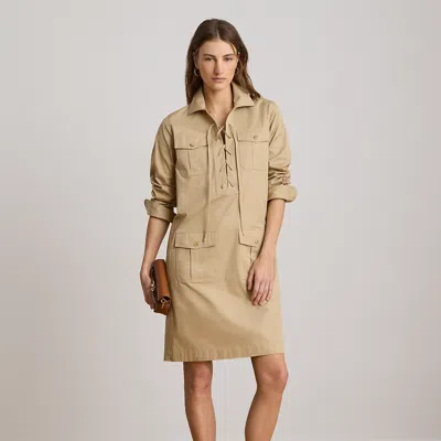 Ralph Lauren Lace-up Cotton Twill Shirtdress In Birch Tan