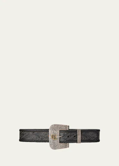 Polo Ralph Lauren Lasered Calf-suede Wide Western Belt In Black