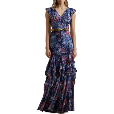 Ralph Lauren Lauren  Abstract Floral Ruffle Detail Crinkle Georgette Gown