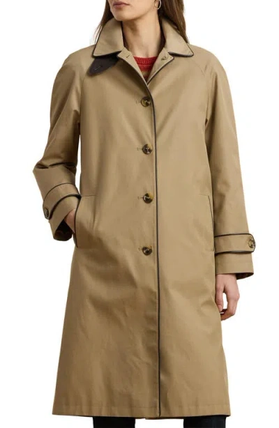 Ralph Lauren Lauren  Balmacaan Single Breasted Raincoat With Faux Leather Trim In Brown