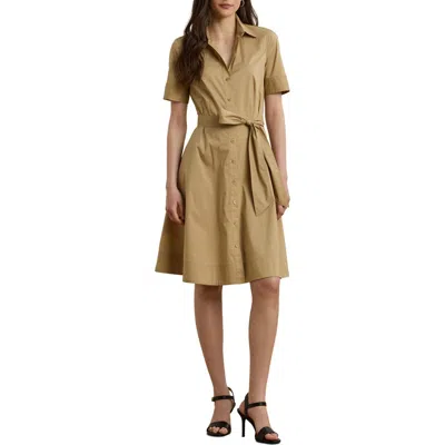 Ralph Lauren Lauren  Belted Cotton Blend Shirtdress In Brown