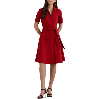 Ralph Lauren Lauren  Belted Cotton Blend Shirtdress In Red