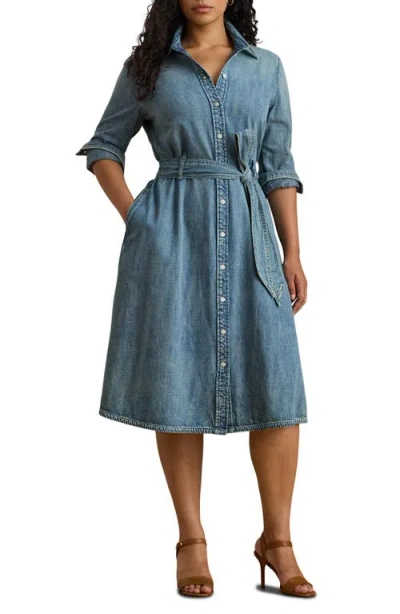 Ralph Lauren Lauren  Belted Long Sleeve Denim Shirtdress In Blue