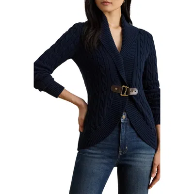 Ralph Lauren Lauren  Buckle Cable Stitch Cotton Cardigan In Blue
