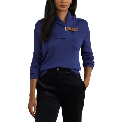 Ralph Lauren Lauren  Buckle Shawl Collar Cotton Blend Sweater In Blue