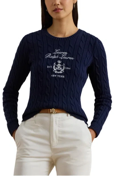 Ralph Lauren Lauren  Cable Knit Embroidered Sweater In Blue