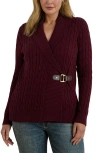 Ralph Lauren Lauren  Cable Stitch Cotton Wrap Cardigan In Burgundy