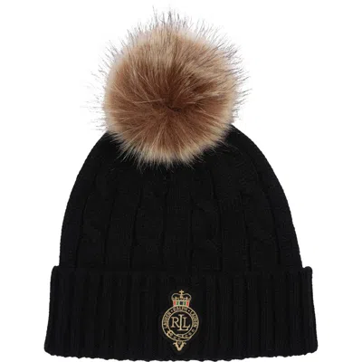 Ralph Lauren Lauren  Cable Stitch Crew Patch Pompom Beanie In Black