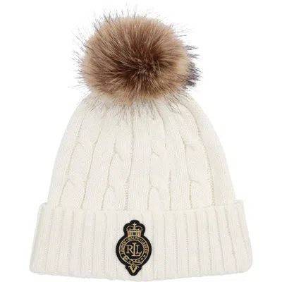 Ralph Lauren Lauren  Cable Stitch Crew Patch Pompom Beanie In Neutral