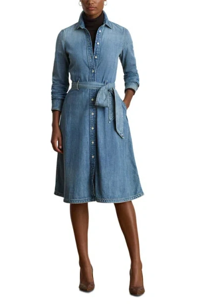 Ralph Lauren Lauren  Callahan Long Sleeve Tie Belt Denim Shirtdress In Blue
