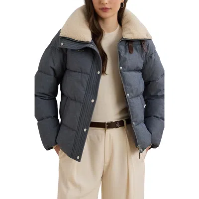 Ralph Lauren Lauren  Chambray Puffer Jacket With Faux Shearling Collar In Black