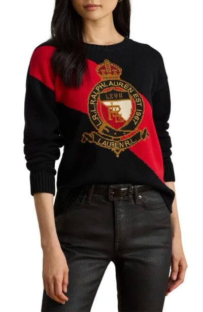 Ralph Lauren Lauren  Colorblock Embroidered Crest Cotton Sweater In Multi