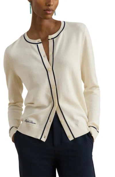 Ralph Lauren Lauren  Contrast Trim Cotton Blenbd Cardigan In White