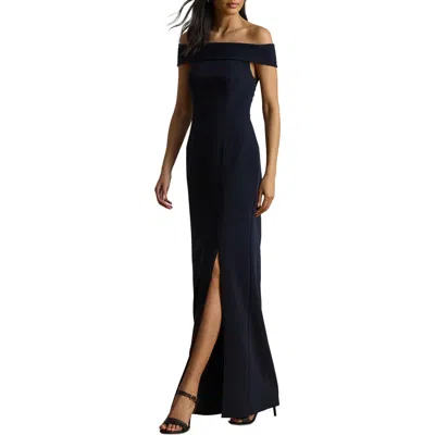 Ralph Lauren Lauren  Crepe Off The Shoulder Column Gown In Blue