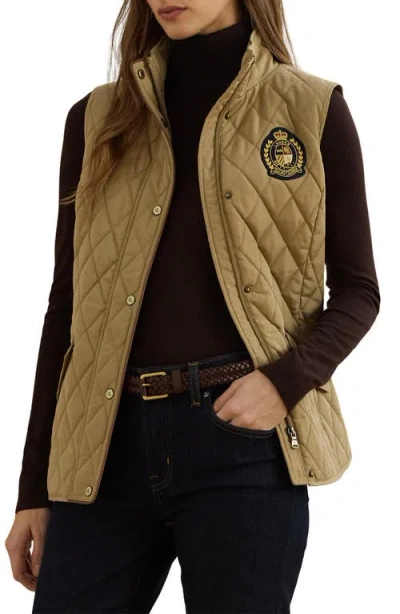 Ralph Lauren Lauren  Crest Patch Diamond Quilted Vest In Brown