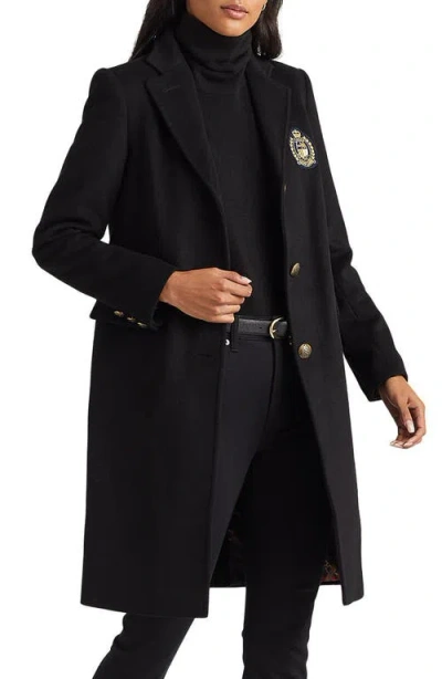 Ralph Lauren Lauren  Crest Patch Wool Blend Reefer Coat In Black