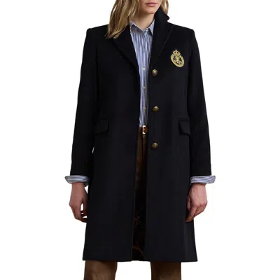 Ralph Lauren Lauren  Crest Patch Wool Blend Reefer Coat In Black