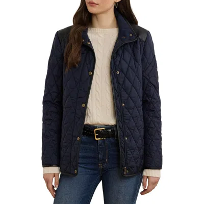 Ralph Lauren Lauren  Diamond Quilted Barn Jacket With Faux Leather Trim In Blue