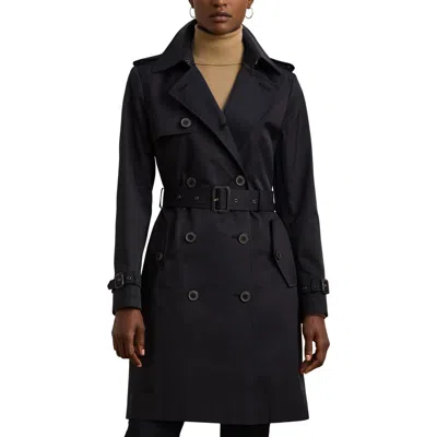 Ralph Lauren Lauren  Double Breasted Belted Cotton Blend Trench Coat In Blue