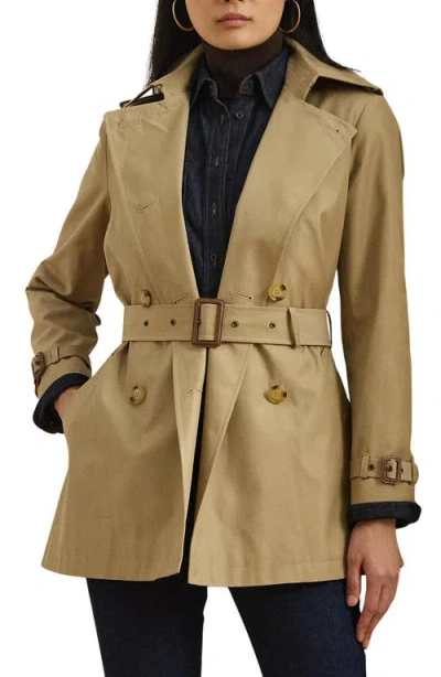 Ralph Lauren Lauren  Double Breasted Belted Cotton Blend Trench Coat In Brown