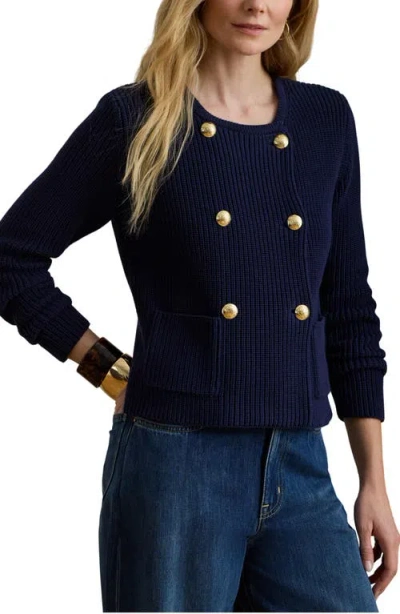 Ralph Lauren Double-breasted Cotton Sweater Jacket In Refined Navy In Multi