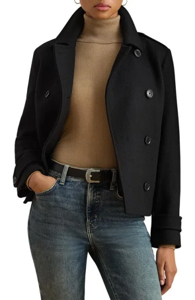 Ralph Lauren Lauren  Double Breasted Wool Blend Twill Jacket In Black