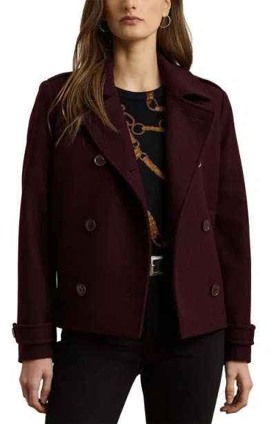 Ralph Lauren Lauren  Double Breasted Wool Blend Twill Jacket In Burgundy