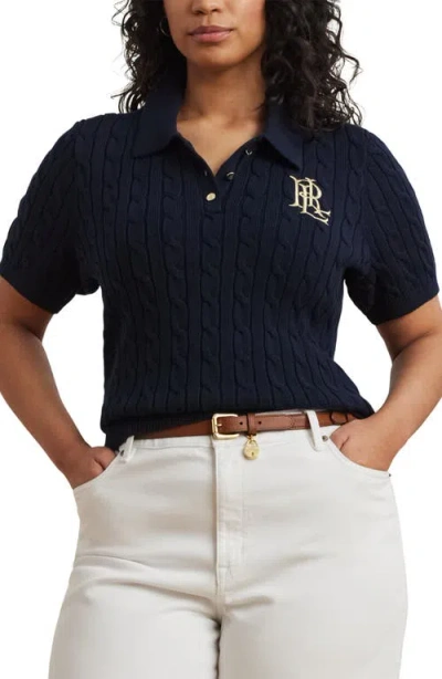 Ralph Lauren Lauren  Embroidered Cable Cotton Polo Sweater In Lauren Navy