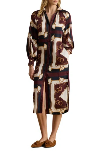 Ralph Lauren Lauren  Equestrian Print Long Sleeve Twill Midi Shirtdress In Brown
