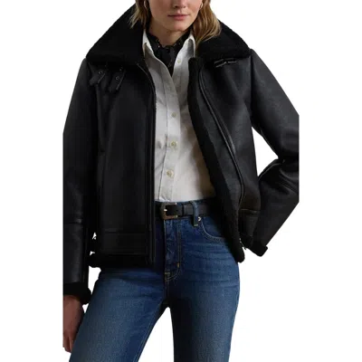 Ralph Lauren Lauren  Faux Leather & Faux Shearling Bomber Jacket In Black