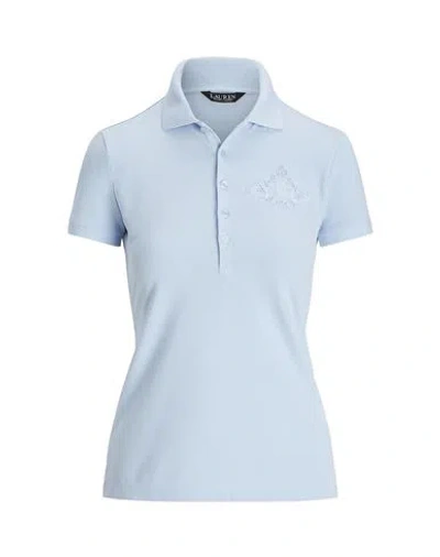 Ralph Lauren Lauren  Floral-logo Cotton Piqué Polo Shirt Woman Polo Shirt Sky Blue Size L Cotton, Ela