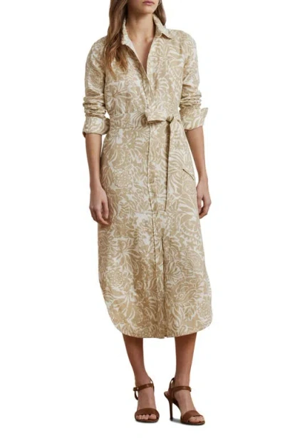 Ralph Lauren Lauren  Floral Long Sleeve Linen Midi Shirtdress In Cream/tan