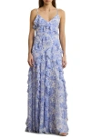 Ralph Lauren Floral Ruffle-trim Georgette Gown In Blue