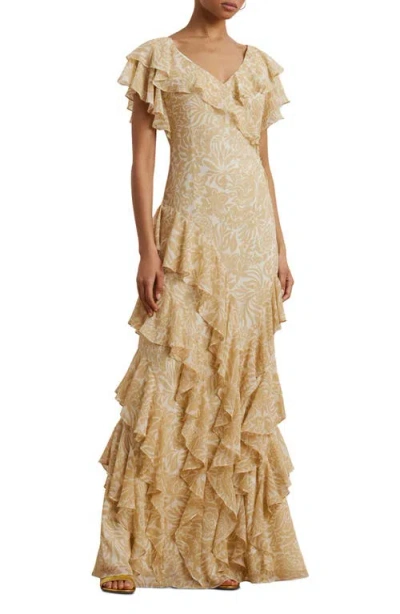 Ralph Lauren Lauren  Floral Ruffle Georgette Gown In Cream/tan