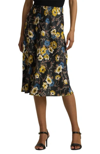 Ralph Lauren Lauren  Floral Satin Charmeuse Midi Skirt In Black/cream