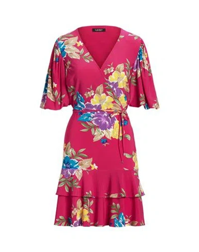 Ralph Lauren Lauren  Floral Stretch Jersey Faux-wrap Dress Woman Short Dress Fuchsia Size 8 Polyester In Pink