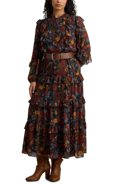 Ralph Lauren Lauren  Floral Tiered Long Sleeve Crinkled Georgette Dress In Multi