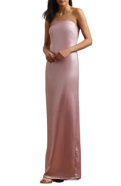 Ralph Lauren Lauren  Foil Strapless Charmeuse Gown In Rose Mauve W/silver Foil