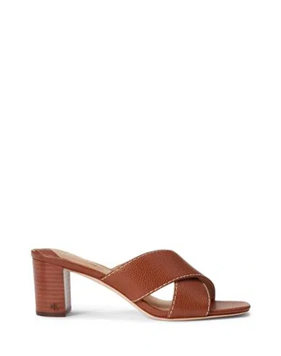 Ralph Lauren Lauren  Freddi Tumbled Leather Sandal Woman Sandals Brown Size 9.5 Leather In Deep Saddle Tan