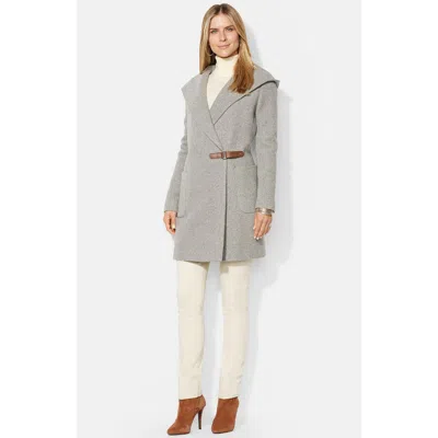 Ralph Lauren Lauren  Hooded Drape Front Herringbone Coat In Gray