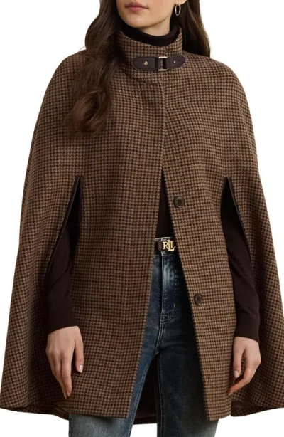 Ralph Lauren Lauren  Houndstooth Wool Blend Cape In Brown