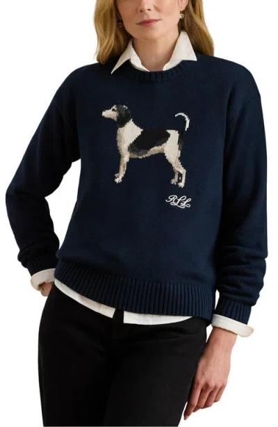 Ralph Lauren Lauren  Intarsia Beagle Cotton Sweater In Blue