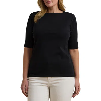Ralph Lauren Lauren  Judy Elbow Sleeve Boat Neck Stretch Cotton Top In Black