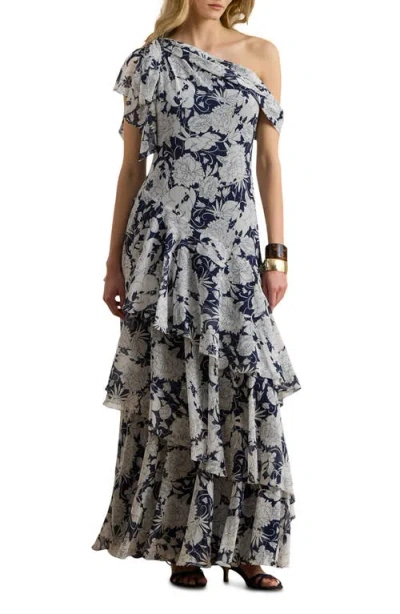 Ralph Lauren Lauren  Kanerite Crinkle One-shoulder Tiered Maxi Cocktail Dress In Multi