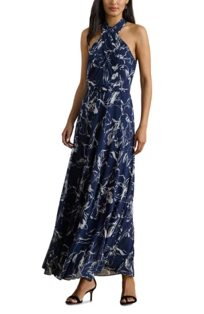 Ralph Lauren Lauren  Lefora Floral Crinkle Georgette Maxi Dress In Blue