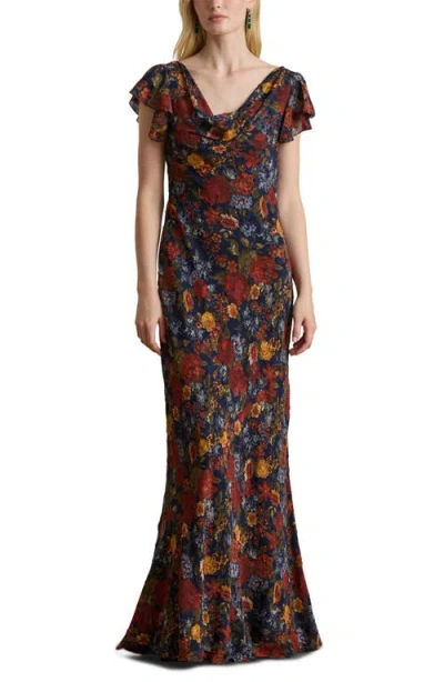 Ralph Lauren Lauren  Lusita Floral Print Cowl Neck Gown In Brown