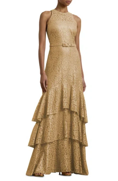 Ralph Lauren Lauren  Metallic Belted Tiered Lace Gown In Sand Dune/gold