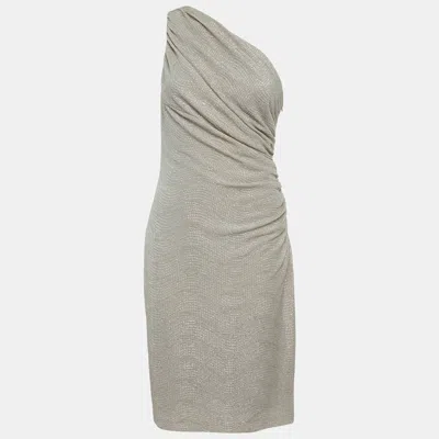 Ralph Lauren Lauren  Metallic Lurex Knit One Shoulder Mini Dress In Gray